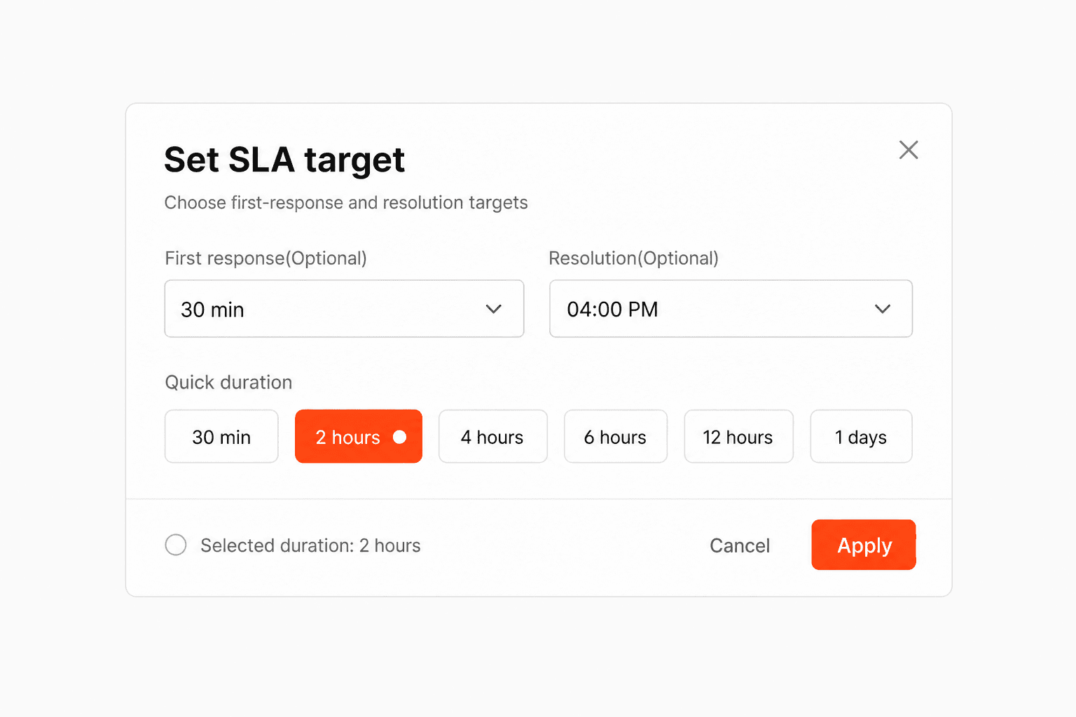 Panel for choosing first-response and resolution targets